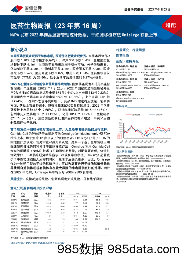 医药生物周报（23年第16周）：NMPA发布2022年药品监督管理统计数据，干细胞移植疗法Omisirge获批上市_国信证券