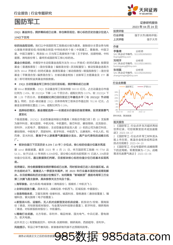 国防军工行业专题研究：23Q1基金持仓：拥挤筹码或已出清、持仓降至低位，核心标的历史估值分位进入10%以下区间_天风证券