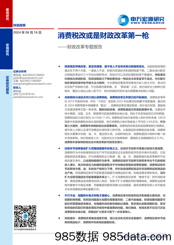 财政改革专题报告：消费税改或是财政改革第一枪-240616-申万宏源