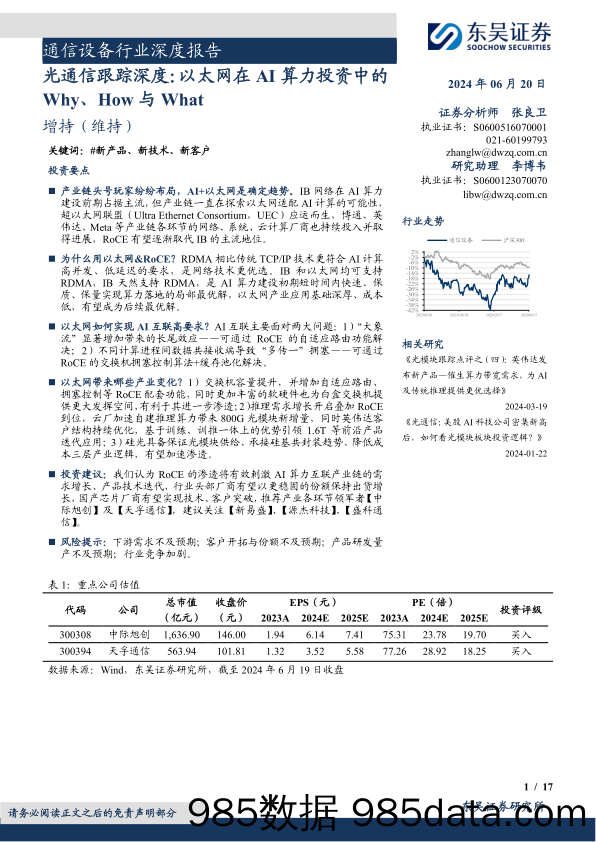 通信设备行业深度报告：光通信跟踪深度，以太网在AI算力投资中的Why、How与What-240620-东吴证券