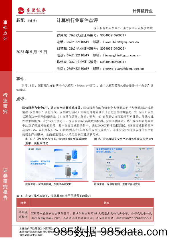 计算机行业事件点评：深信服发布安全GPT，助力安全运营提质增效_东莞证券