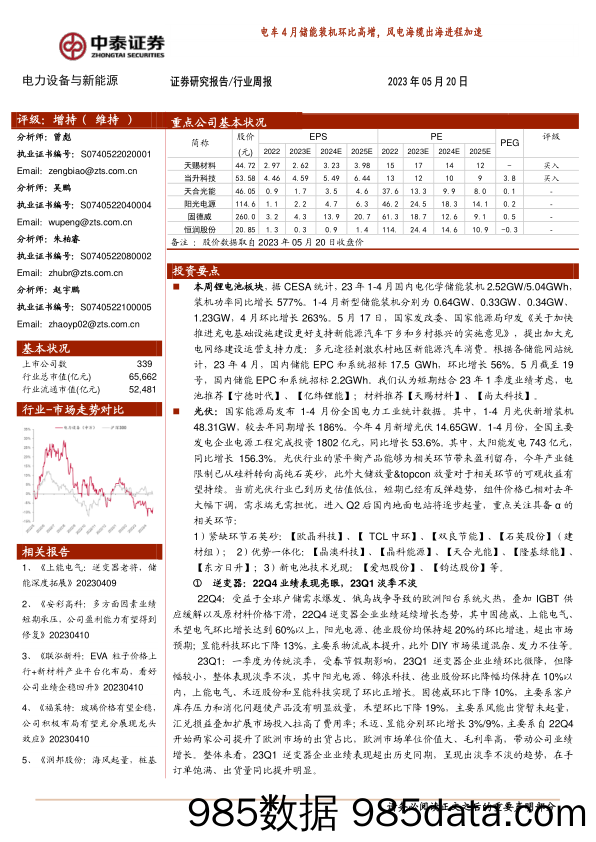 电力设备与新能源行业周报：电车4月储能装机环比高增，风电海缆出海进程加速_中泰证券