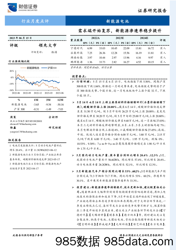 新能源电池行业月度点评：需求端开始复苏，新能源渗透率稳步提升_财信证券