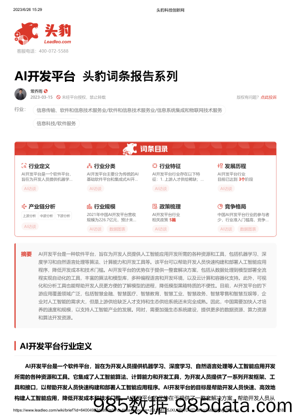 AI开发平台 头豹词条报告系列_头豹研究院