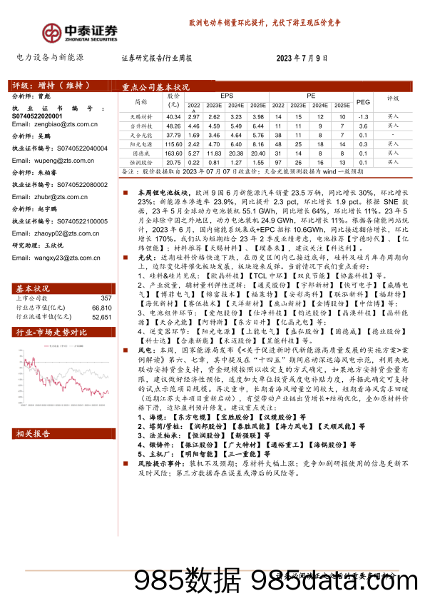 电力设备与新能源行业周报：欧洲电动车销量环比提升，光伏下游呈现压价竞争_中泰证券