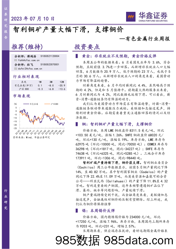 有色金属行业周报：智利铜矿产量大幅下滑，支撑铜价_华鑫证券