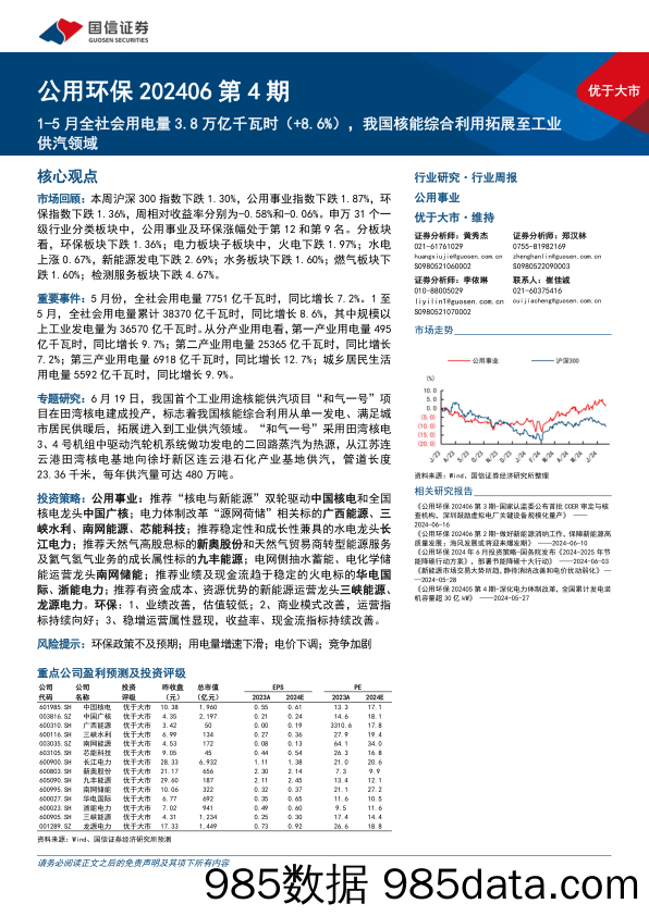 公用环保行业202406第4期：1-5月全社会用电量3.8万亿千瓦时(%2b8.6%25)，我国核能综合利用拓展至工业供汽领域-240623-国信证券