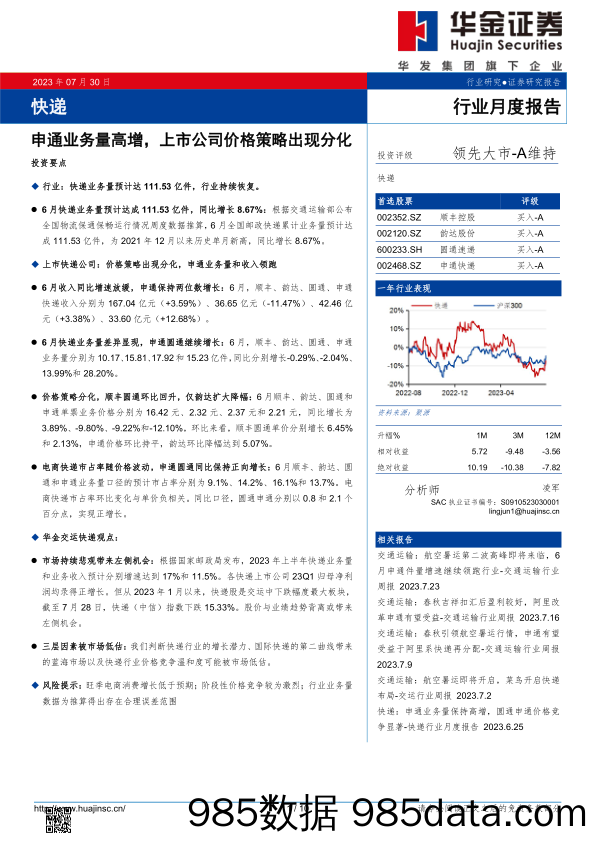 快递行业月度报告：申通业务量高增，上市公司价格策略出现分化_华金证券