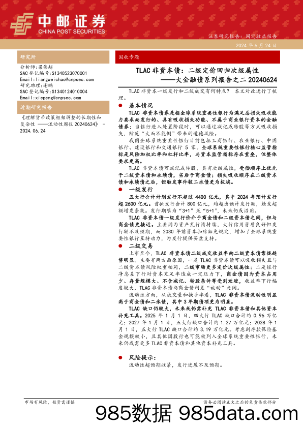 大金融债系列报告之二，TLAC非资本债：二级定价回归次级属性-240624-中邮证券