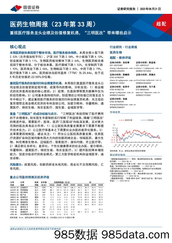 医药生物周报（23年第33周）：重视医疗服务龙头业绩及估值修复机遇，“三明医改”带来哪些启示_国信证券