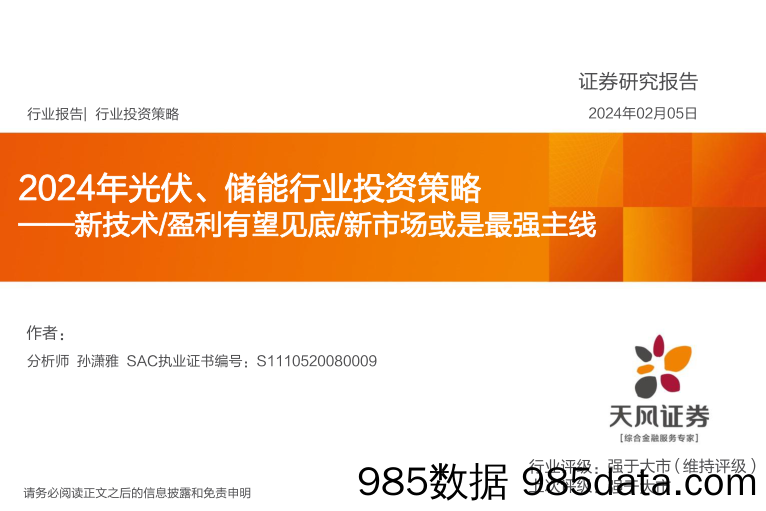 2024年光伏、储能行业投资策略：新技术 盈利有望见底 新市场或是最强主线-20240205-天风证券