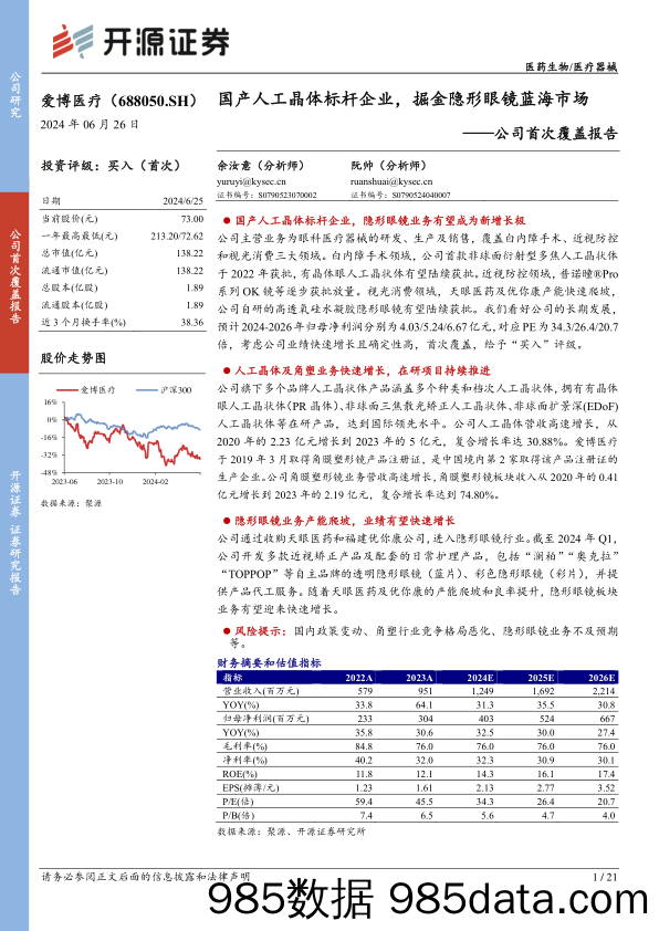 爱博医疗(688050)公司首次覆盖报告：国产人工晶体标杆企业，掘金隐形眼镜蓝海市场-240626-开源证券