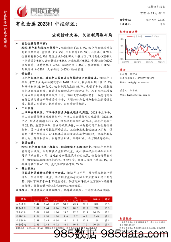 有色金属2023H1中报综述：宏观情绪改善，关注顺周期布局_国联证券