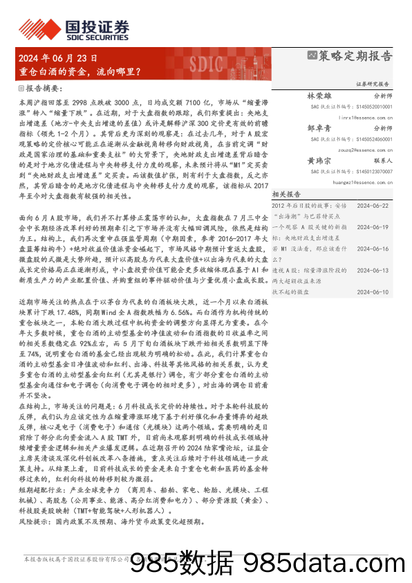 策略定期报告：重仓白酒的资金，流向哪里？-240623-国投证券