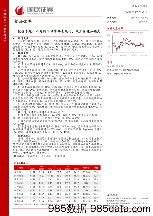 食品饮料数据专题：八月线下调味品表现优，线上保健品领先_国联证券