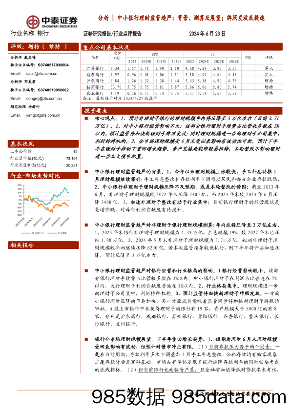 银行业分析｜中小银行理财监管趋严：背景、测算及展望；牌照发放或提速-240623-中泰证券