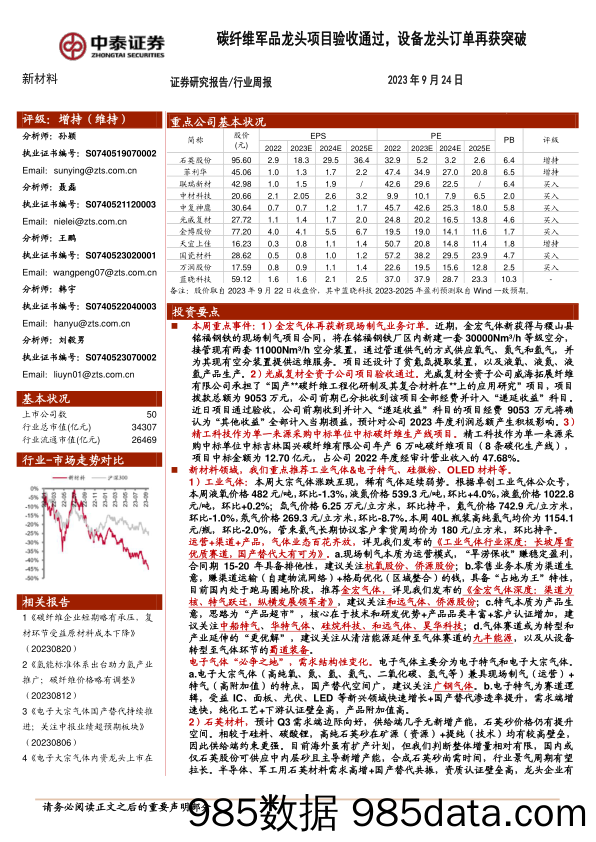 新材料行业周报：碳纤维军品龙头项目验收通过，设备龙头订单再获突破_中泰证券