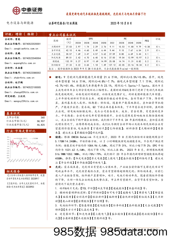 电力设备与新能源行业周报：美国更新电动汽车税收抵免退税规则，光伏硅片与电池片价格下行_中泰证券