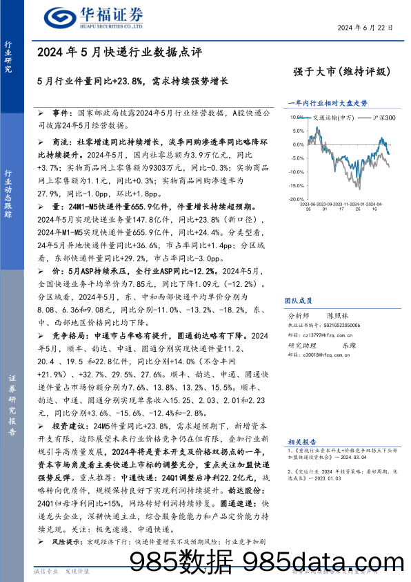 2024年5月快递行业数据点评：5月行业件量同比%2b23.8%25，需求持续强势增长-240622-华福证券