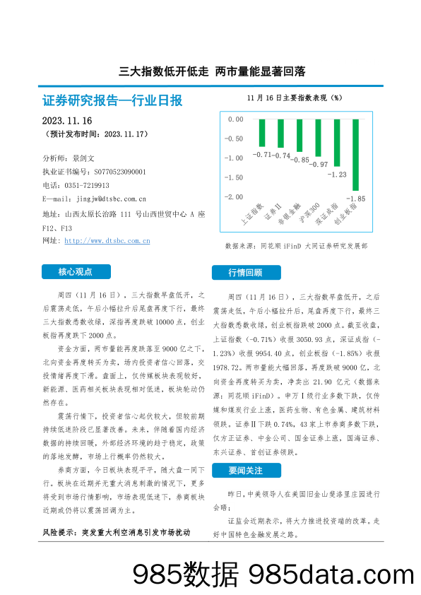 非银金融行业日报：三大指数低开低走 两市量能显著回落_大同证券