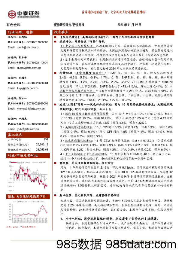 有色金属行业周报：美国通胀超预期下行，大宗板块上行逻辑再获增强_中泰证券