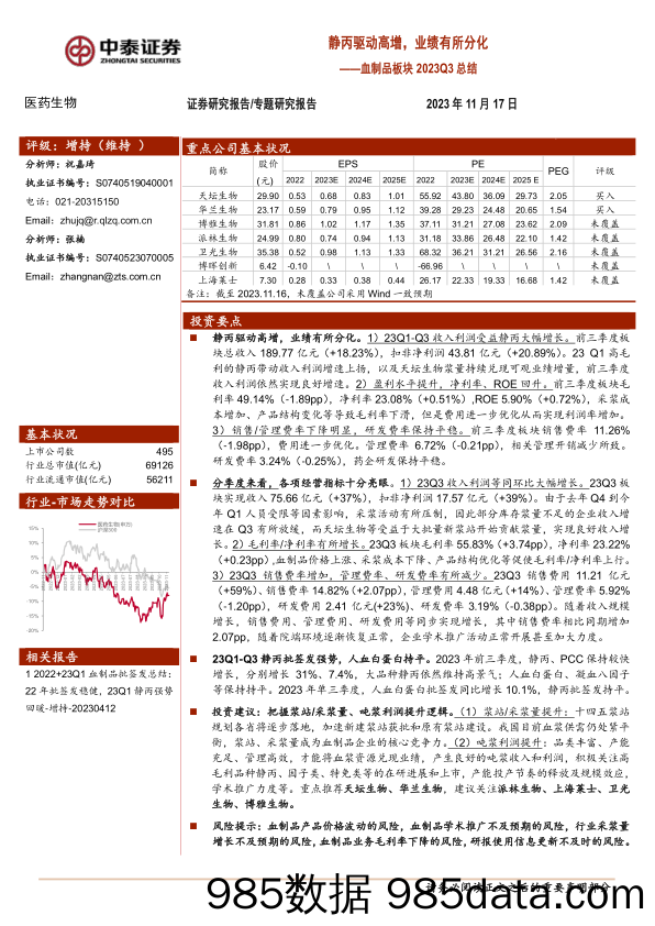 血制品板块2023Q3总结：静丙驱动高增，业绩有所分化_中泰证券