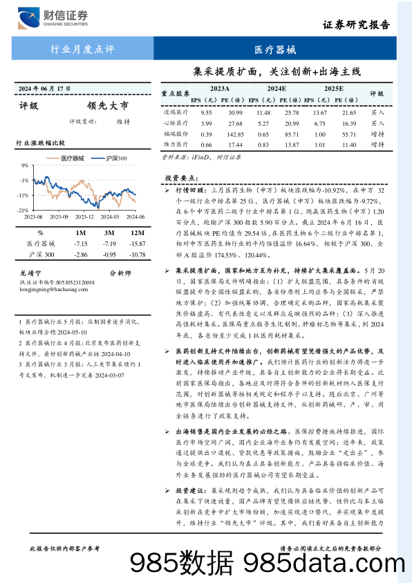 医疗器械行业月度点评：集采提质扩面，关注创新%2b出海主线-240617-财信证券