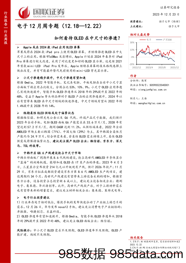 电子12月周专题：如何看待OLED在中尺寸的渗透？_国联证券