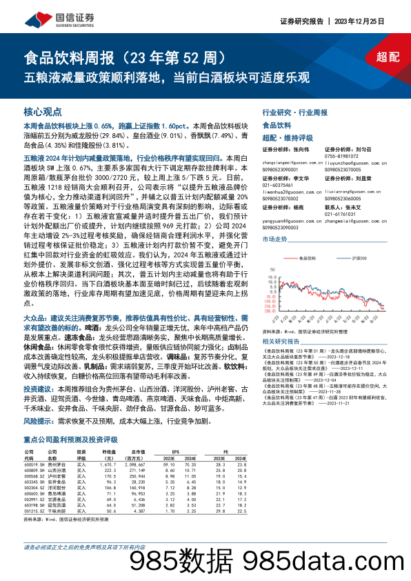 食品饮料周报（23年第52周）：五粮液减量政策顺利落地，当前白酒板块可适度乐观_国信证券