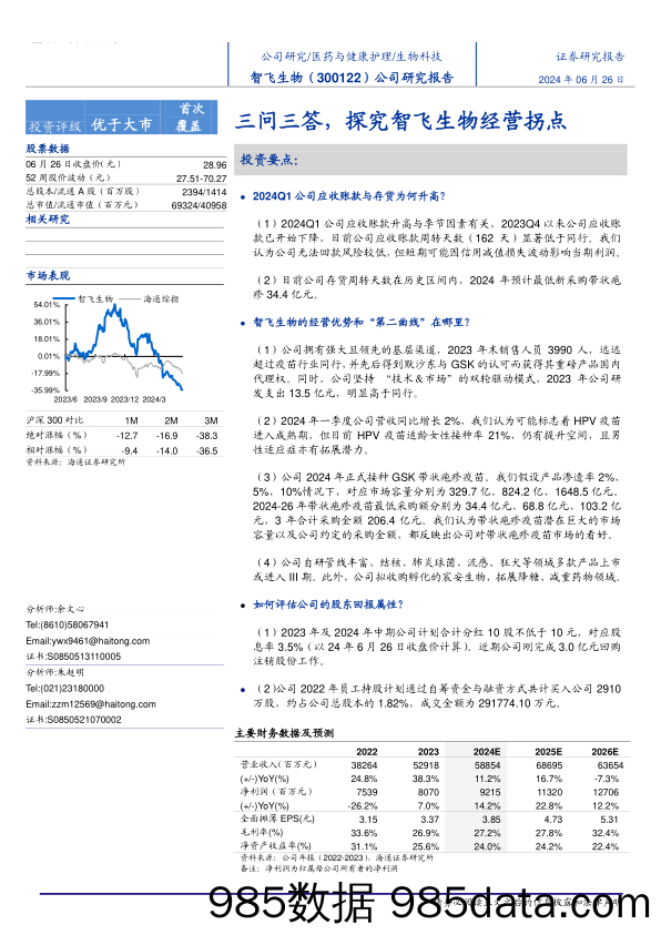 智飞生物(300122)三问三答，探究智飞生物经营拐点-240626-海通证券