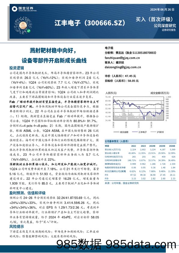 江丰电子(300666)溅射靶材稳中向好，设备零部件开启新成长曲线-240626-国金证券