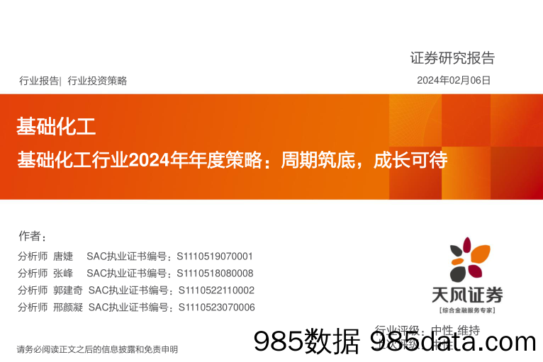 基础化工行业2024年年度策略：周期筑底，成长可待-20240206-天风证券