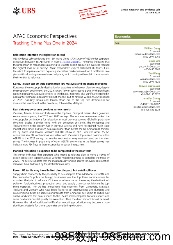 UBS Economics-APAC Economic Perspectives _Tracking China Plus One in 2024_...-108775859