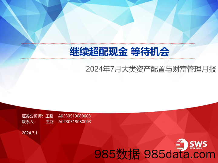 2024年7月大类资产配置与财富管理月报：继续超配现金，等待机会-240701-申万宏源