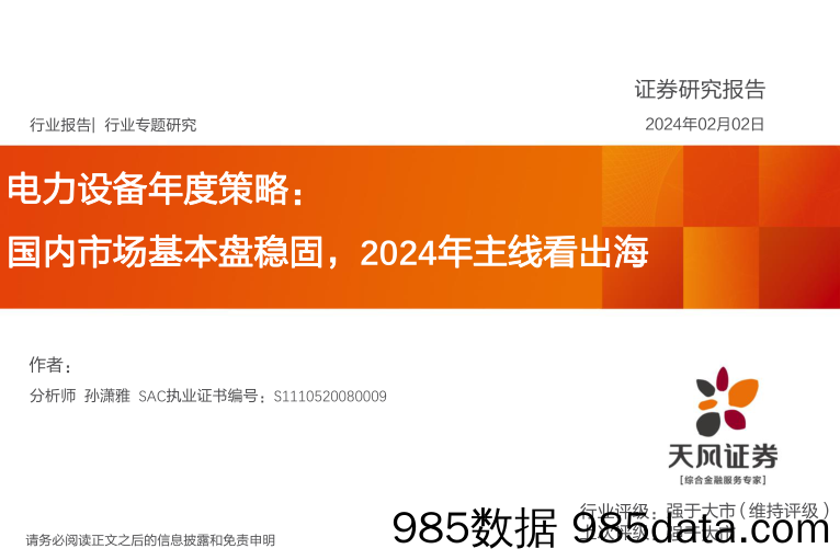 电力设备年度策略：国内市场基本盘稳固，2024年主线看出海-20240202-天风证券