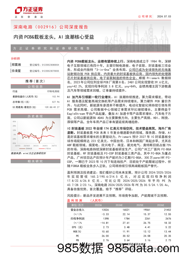 深南电路(002916)公司深度报告：内资PCB%26载板龙头，AI浪潮核心受益-240703-方正证券