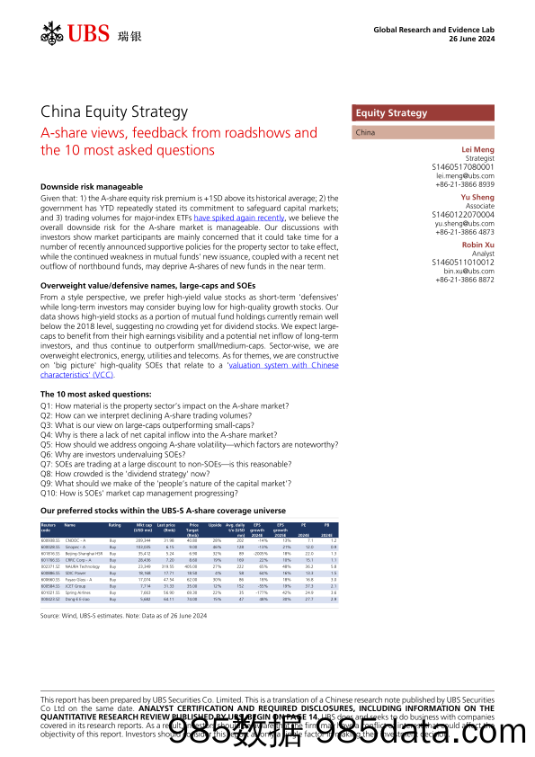 UBS Equities-China Equity Strategy _A-share views, feedback from roadshow...-108868171