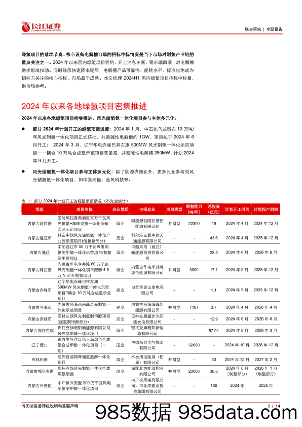 氢能行业：2024H1我国电解槽中标规模为523MW，下半年招标有望加速-240701-长江证券插图4