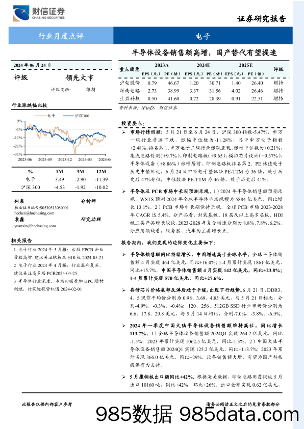 电子行业月度点评：半导体设备销售额高增，国产替代有望提速-240624-财信证券