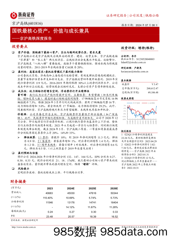 京沪高铁(601816)深度报告：国铁最核心资产，价值与成长兼具-240708-浙商证券