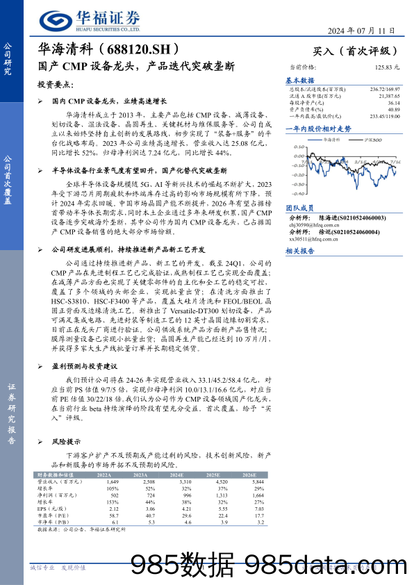 华海清科(688120)国产CMP设备龙头，产品迭代突破垄断-240711-华福证券