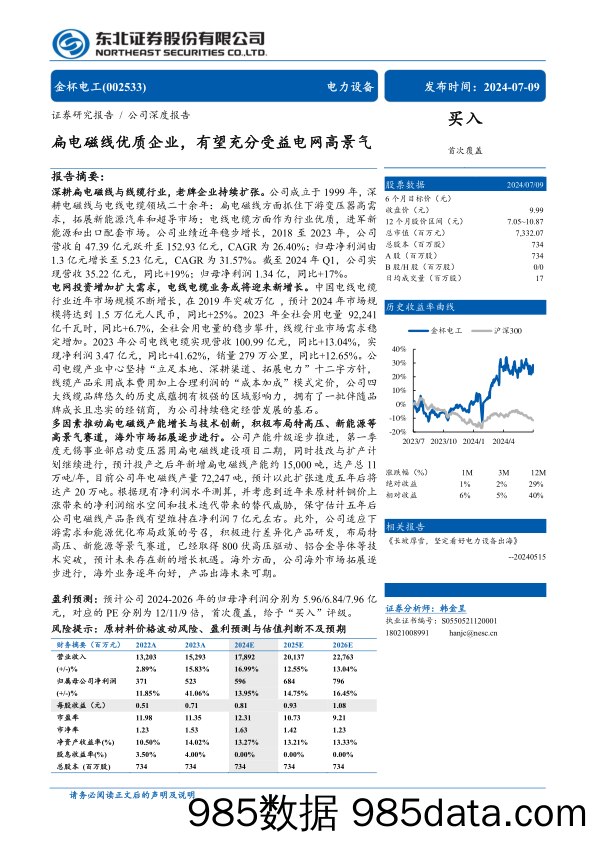 金杯电工(002533)扁电磁线优质企业，有望充分受益电网高景气-240709-东北证券