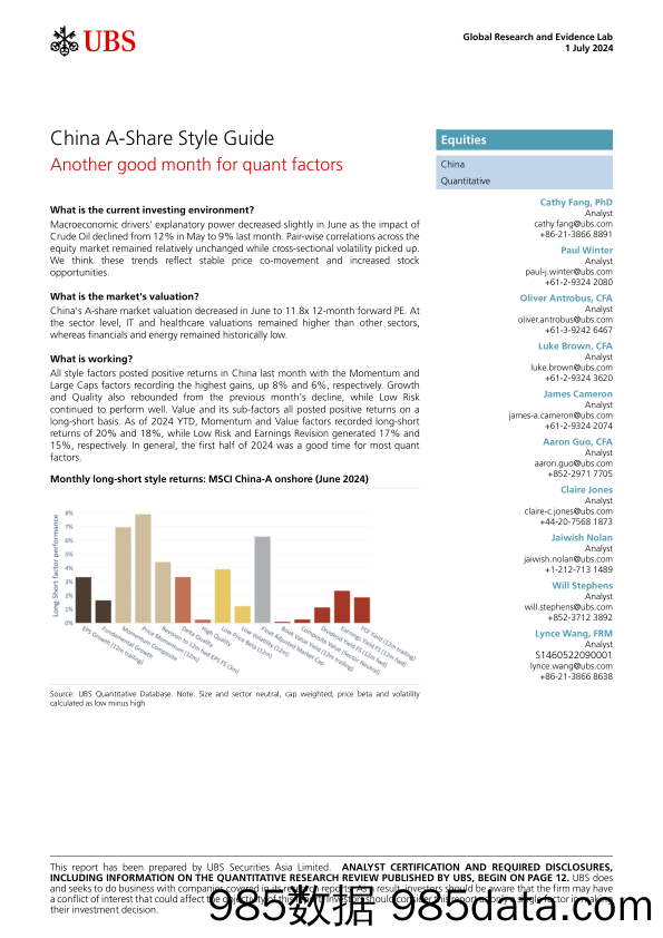 UBS Equities-China A-Share Style Guide _Another good month for quant fact...-108939541