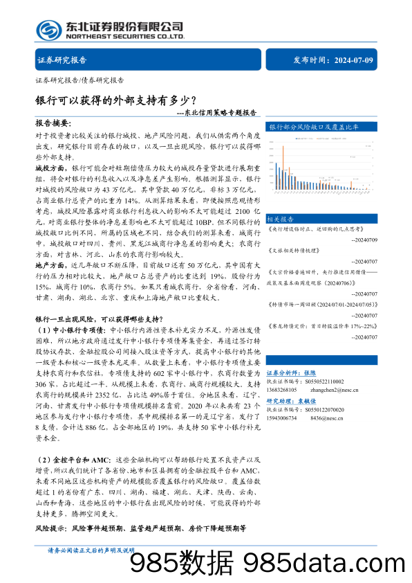 信用策略专题报告：银行可以获得的外部支持有多少？-240709-东北证券