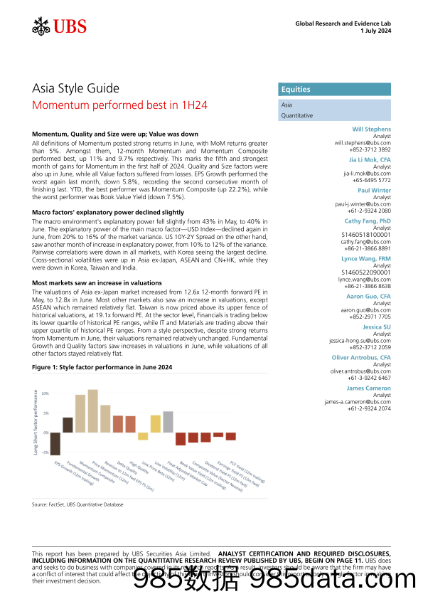 UBS Equities-Asia Style Guide _Momentum performed best in 1H24_ Stephens-108954260