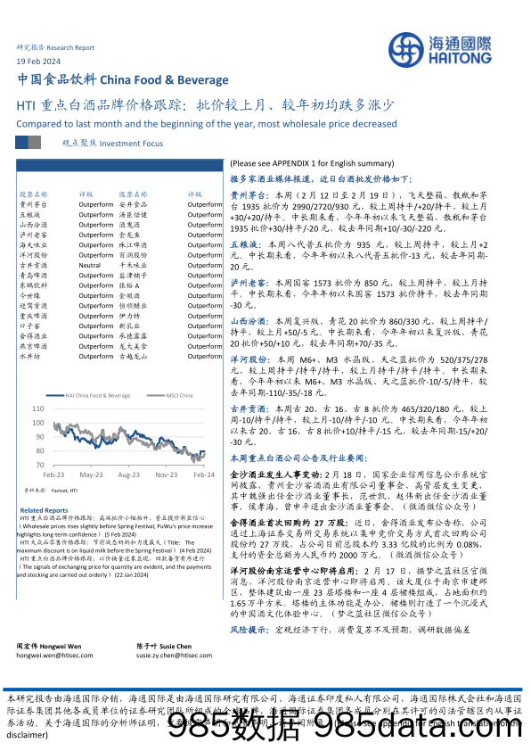 HTI重点白酒品牌价格跟踪：批价较上月、较年初均跌多涨少-20240219-海通国际插图