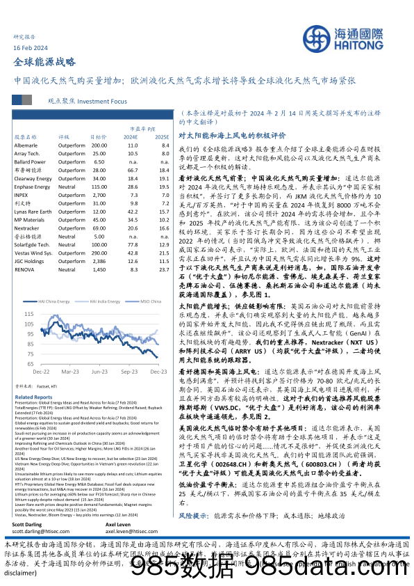 全球能源战略：中国液化天然气购买量增加；欧洲液化天然气需求增长将导致全球液化天然气市场紧张-20240216-海通国际