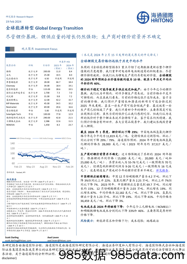 全球能源行业转型：尽管锂价暴跌，锂供应量的增长仍然强劲；生产商对锂价前景并不确定-20240219-海通国际