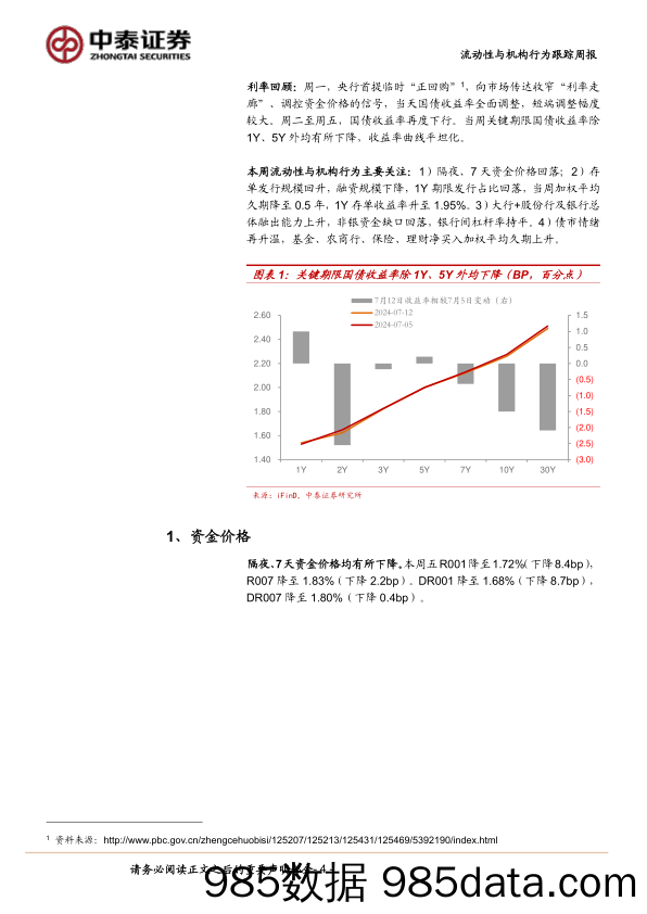 流动性与机构行为跟踪(7／8-7／12)：大行隔夜融出利率降至1.70%25-240713-中泰证券插图3