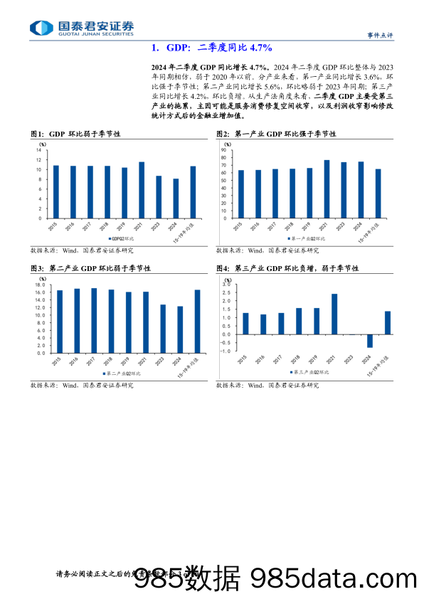 2024年第二季度及6月经济数据点评：三产拖累GDP，内需政策待加码-240715-国泰君安插图2